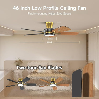 TALOYA Ceiling Fans with Lights and Remote, 46 Inch Low Profile Ceiling Fan with Light, Flush Mount, Reversible, 3CCT, Dimmable Modern Ceiling Fan for Bedroom, Living Room, Outdoor Patio, Black Gold