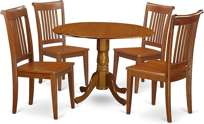 East West Furniture DLPO5-SBR-W 5 Piece Kitchen Table & Chairs Set Includes a Round Dining Table with Dropleaf and 4 Dining Room Chairs, 42x42 Inch, Saddle Brown