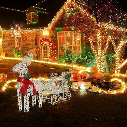 Lighted Reindeer & Sleigh Christmas Decor, 17" Pre-lit Rattan Deer 3D Holiday Displays, 70 Warm White LED, Indoor/Outdoor Yard Decoration, Easy Assembly & Durable Frame, White