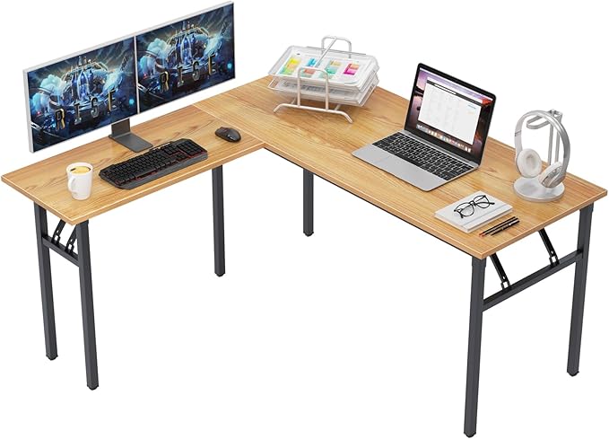 Need L Shaped Folding Desk, Reversible Computer Desk for Home Office, Large Foldable Gaming Desk Table Workstation, Teak and Black