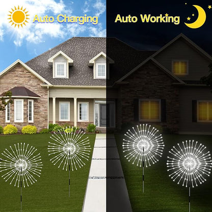 Solar Outdoor Lights,4 Pack 120 LED Waterproof Solar Firework Lights are 8 Modes Decorative Sparkles Stake Landscape Light,Garden Copper Wire Firework Lamp for Backyard Lawn Patio Decor(Cool White)
