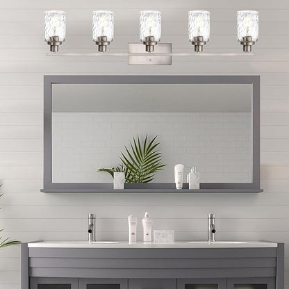 MELUCEE 5-Light Bathroom Light Fixtures Brushed Nickel Finish, Modern Vanity Light Industrial Wall Lamp with Clear Hammered Glass Shade for Powder Room Bedroom (Patent No.: US D963914 S)