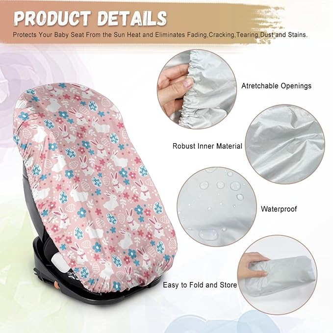 Easter Car Decorations Car Seat Cover Baby Girl Cute Bunny Car Seat Sun Shade Cover Keeps Baby's Carseat at Cooler Temperature, Blocks Out Heat & Sun UV Covers, Pink