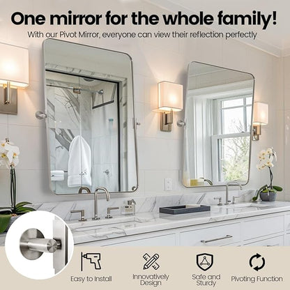 MOON MIRROR Brushed Nickel Pivot Mirror for Bathroom, Tilt Rounded Rectangle Bathroom Vanity, Overall 24.33 x 30 in (Mirror 20x 30 in)