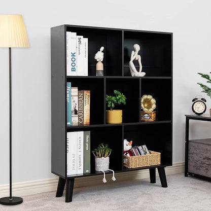 YAHARBO Black Bookshelf,3 Tier Modern Bookcase with Legs,Bookshelves Wood Storage Shelf, Open Book Shelves Cube Organizer,Freestanding Short Bookcases