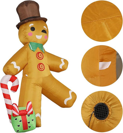 Christmas Inflatable Gingerbread Man with Top Hat, Lighted Gingerbread Man Decoration with Candy Cane & Gift Box, Outdoor Indoor Holiday Blow Up Decor for Yard Lawn Garden