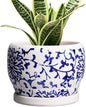SQOWL 6 Inch Planter - Ceramic Plant Pots Indoor with Drainage Hole and Saucer, Round Ceramic Flower Pot Outdoor, Porcelain Decorative Planter, Backyard Decor, Gifts for Plant Lovers, Blue and White