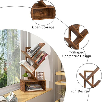 Small Tree Book Shelf,5 Tier Black Tree Bookshelf,Brown Desktop Bookcase,Modern Desk Display Storage Bookshelves,Floor Standing Organizer Bookcases for Living Room,Bedroom,Office-White-Brown