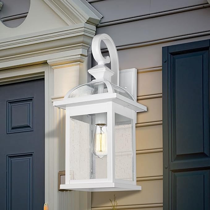Darkaway Outdoor Lights Fixtures Wall Mount, Large 22inch Outdoor Wall Sconce Lights with Seeded Glass Waterproof Outside Exterior Lights Fixture for House Front Porch Patio （Large, White）