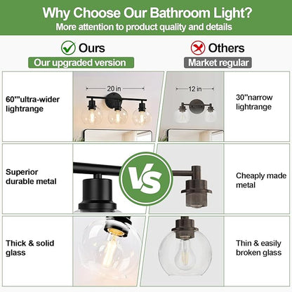 Indoi 3-Light Bathroom Light Fixtures, Black Bathroom Lights Over Mirror with Clear Glass Globe Shade, Vanity Lights for Bathroom Kitchen Living Room Hallway Cabinet Bedroom Porch.