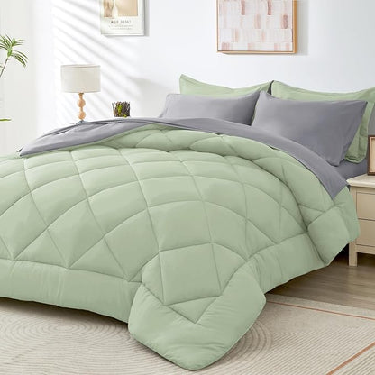 HEVUMYI Queen Comforter Set - 7-Piece All Season Bed in a Bag Queen, Ultra Soft Bedding Set with Comforter, Flat Sheet, Fitted Sheet, Pillowcases, Pillow Shams, Sage Green & Light Grey