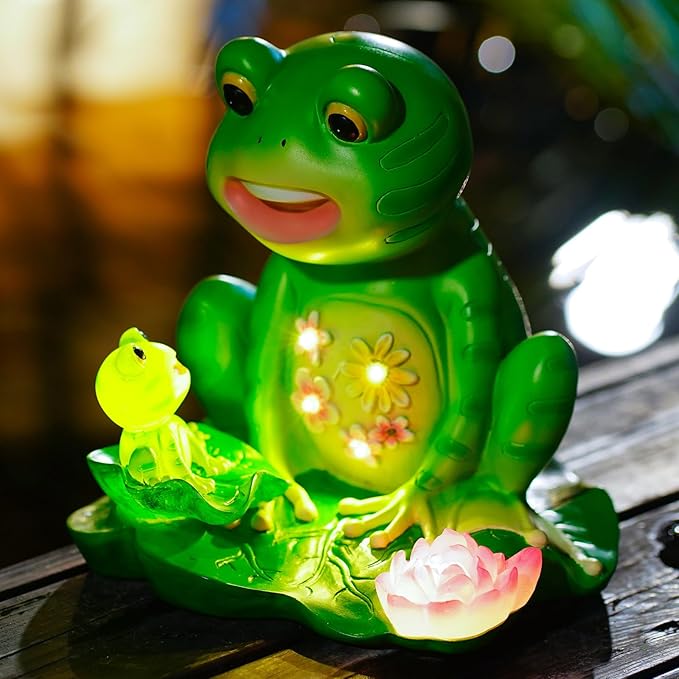Upgraded Size Solar Garden Outdoor Statues Frog Mother and Little Frog with 6 LED Solar Figurine for Lawn,Patio, Balcony, Yard Decor Unique Gift, for Mom, Grandma,Father,Woman