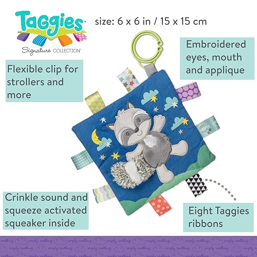 Taggies Soothing Sensory Crinkle Me Toy with Baby Paper and Squeaker, Harley Raccoon, 6.5 x 6.5-Inches