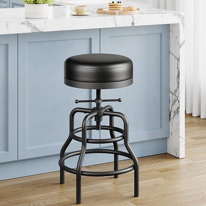 Adjustable Height Swivel Bar Stool, 22-29 Inch Industrial Vintage Bar Counter Height Stool with Thicken Premium Bonded Leather Seat & Updated Footrest, Easy Assembly, Black