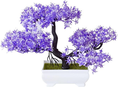 Mini Artificial Bonsai Tree Plants with Plastic Cement Pots for Home Office Décor(Purple)