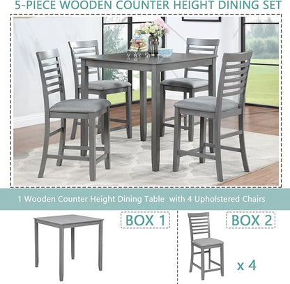 KEIKI 5-Piece Counter Height Dining Table Set with Square Table and 4 Upholstered Ladder Backrset Chair, for 4 Person, Modern Style Wooden Table Set, Easy Assembly, for Kitchen, Dining Room, Gray