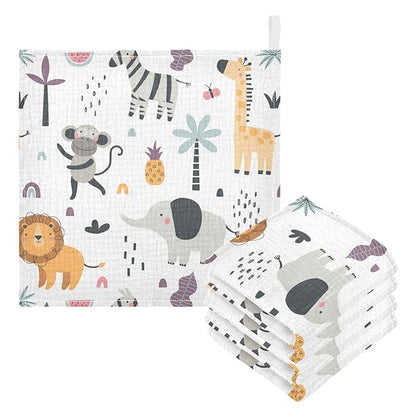 Cute Exotic Animals Burp Cloths for Boys Girls, Monkey Elephant Baby Muslin Washcloths Cartoon Lion Giraffe Zebra Soft Absorbent Face Bath Towel Kids Wash Cloth 12x12 Inch, 3 Pack