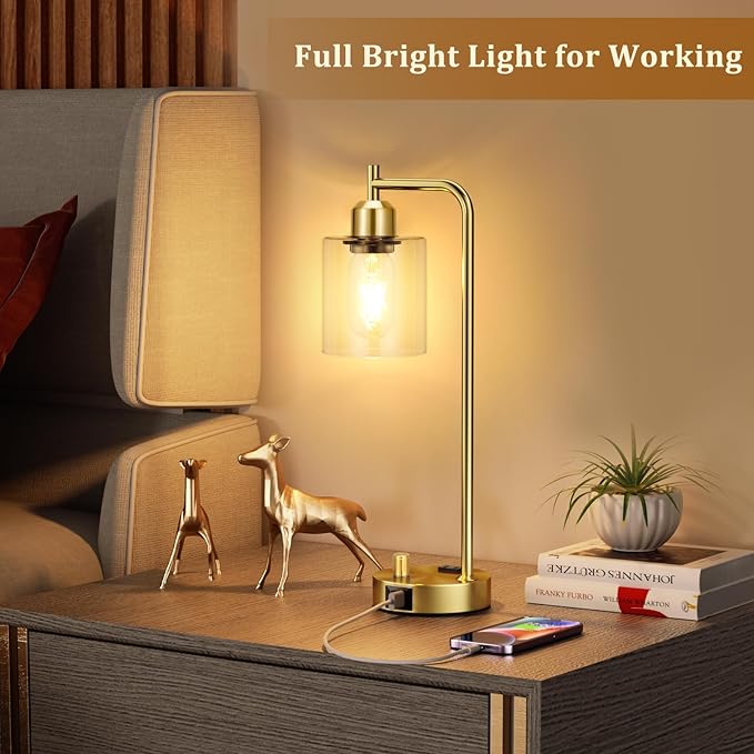 Innqoo Gold Table Lamp for Bedroom - Industrial Bedside Lamp with USB Port and Outlet, Fully Dimmable Nightstand Lamp with Clear Glass Shade, Small Desk Lamps for Home Office