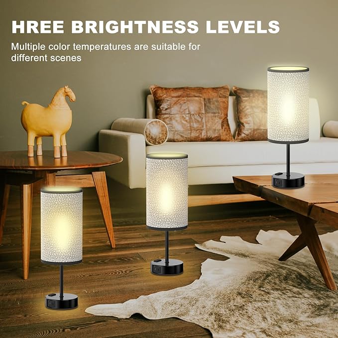 Table Lamp for Bedroom with Touch Control,Bedside Lamp with USB C+A Charging Ports& AC Outlets, Adjustable 3color LED Light for Home Decor/Nightstand/Bedroom/Office,Included Bulb and Fabric Lamp Shade