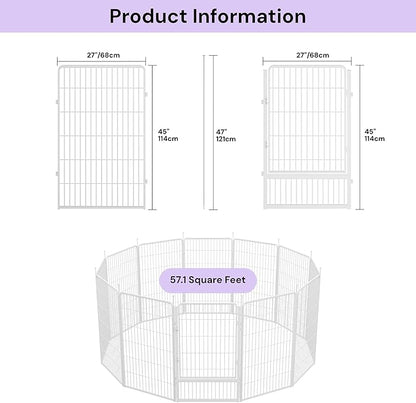 SunsGrove Tall Garden Fence with Gate, 45 in(H) x 26.8 ft(L) 12 Panels Heavy Duty Metal Animal Barrier Fence for Yard, Suitable for Indoor or Outdoor Dog Pet Fence, Garden Fence Border, White