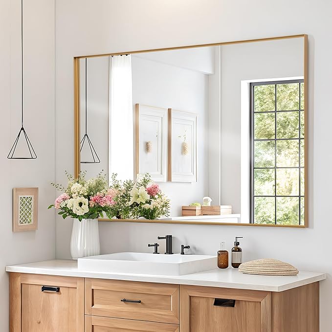 Melodieux Wall Vanity Bathroom Mirror for Over Sink, 30"x40" Rounded Rectangle Metal Deep Frame Wall Mounted Mirror Wall Decor for Living Room Hallway, Gold