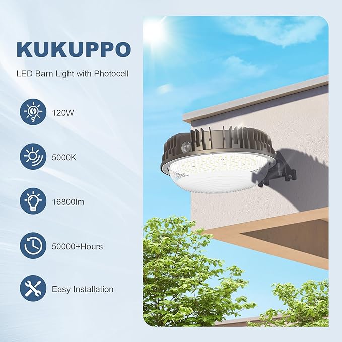 KUKUPPO 120W LED Barn Light with Photocell, ETL Listed 16,800LM LED Yard Light Outdoor, IP65 Waterproof, 5000K Daylight LED Pole Light Area Security Flood Light Fixture for Yard, Barn, Farm, Street
