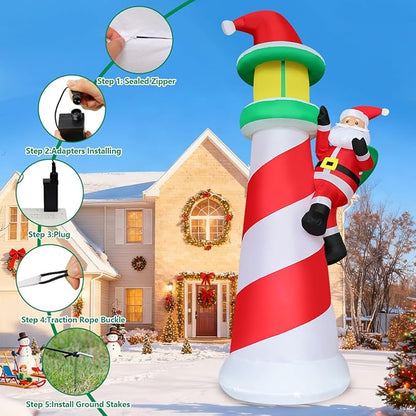 COMIN 10.1 FT Christmas Decorations Outdoor Inflatables Santa Claus Climb The Lighthouse Blowups with Built-in LEDs for Yard Party Lawn Decor