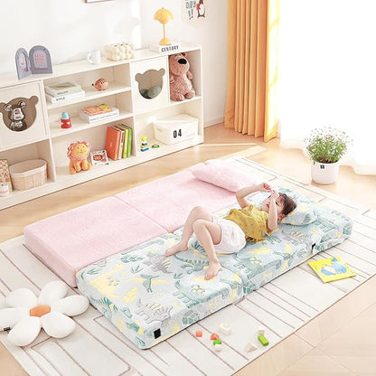 Folding Sofa Bed Floor Mattress for Kids With Pillow, Toddler Glow Washable Nap Mat for Sleeping, Child Fold Up Futon Chair Bed With Storage Bag for Girls Boys