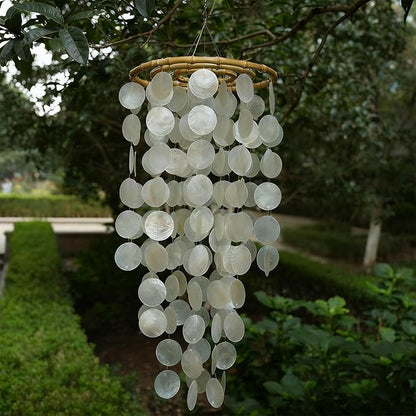 Capiz Shell Large Wind Chime for Outside Sea Glass Wind Chime Ocean/Beach Themed Chime Gift for Women Mother’s Day Decoration-White，32"*11"