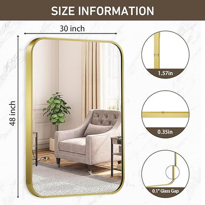 Matte Gold Mirror, 48x30 Inch Brushed Gold Mirror, Aluminum Alloy Framed Vanity Mirror, Rounded Rectangle Bathroom Mirror for Over Sink, Anti-Rust Wall Mirror (Horizontally or Vertically)