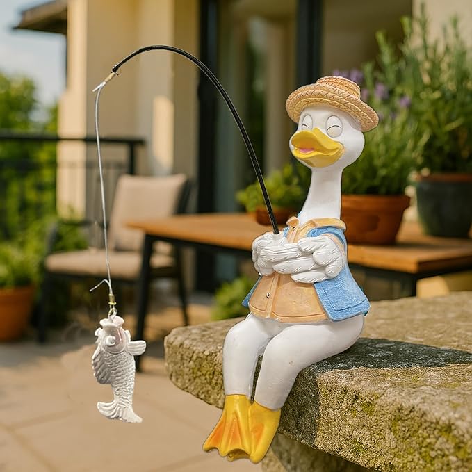 Duck Fishing Statue Garden Decor – 9.8" Weatherproof Resin Duck Fishing Sculpture Decor for Fish Ponds, Koi Ponds, Waterfalls, Poolside & Outdoor Gardens– Resin Figurine for Indoor & Outdoor Décor