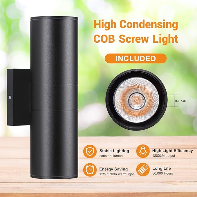 DAKAFUL Outdoor Wall Lights 4Pack, Integrated LED Cylinder Up Down Lights, 12W 2700K Aluminum Exterior Wall Light, Outdoor Light Fixture for Porch Patio Door.(Matte Black)