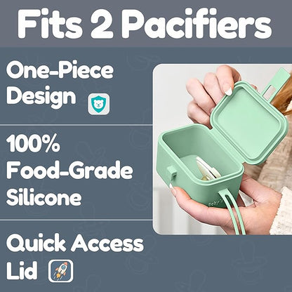 Baby's Aid Silicone Pacifier Case, No Open Slot with Patented Closure, Dishwasher Safe, Attaches to Diaper Bag or Stroller, Holds 2 Pacifiers, (Sage)