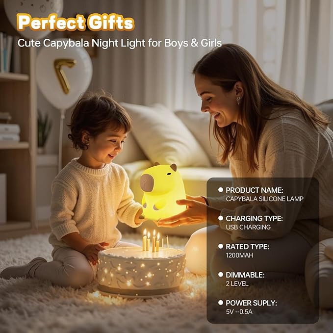 Capybara Night Light for Kids, Cute Capybara Lamp Silicone Baby Nursery Night Lamp, Dimmable Squishy Touch Bedside Lamps, Adorable Rechargeable Animal Lamps Gifts Kawaii Room Decor for Kids Girls Boys