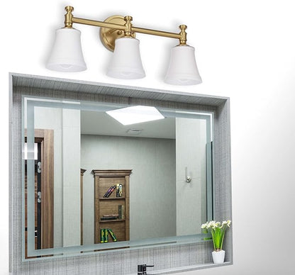 Bathroom Vanity Light Fixtures, Traditional Aged Brass 3 Lights Wall Sconce Lighting with Opal Glass Shade, Porch Wall Mount Light Fixture for Bathroom, Mirror Cabinets Hallway Stairs