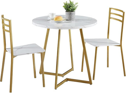 VECELO Small Round Dining Table Set for 2, Wood Tabletop with Strong Metal Frame, Modern Dinette with Chairs for Kitchen, Breakfast Nook Living Room, White & Gold