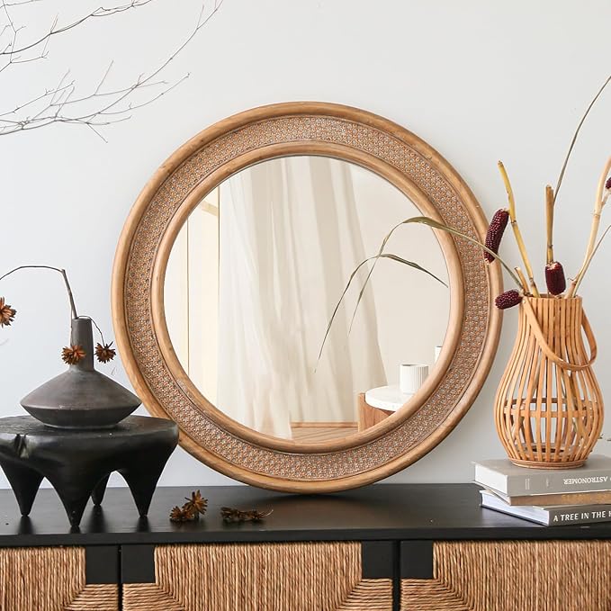 Micasso Round Rattan Wall Mirror: 30" Purely Handmade Wooden Frame Wicker Mirror - Rustic Shabby Chic Boho Bamboo Mirrors for Farmhouse/Bathroom/Bedroom/Living Room/Entryway/Home Decor