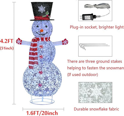 4FT Lighted Snowman Outdoor Christmas Decoration, Collapsible Snowman with Red Scarf and Vest and Top Hat, Pre-Lit Pop Up Snowman for Indoor/Outside Yard (Red)