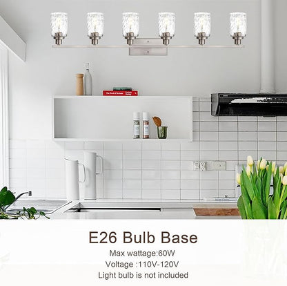 MELUCEE 6-Light Bathroom Vanity Light Brushed Nickel Finish with Clear Hammered Glass Shade, Industrial Wall Light Fixtures for Bath Mirror Bedroom Dressing Table (Patent No.: US D963914 S)
