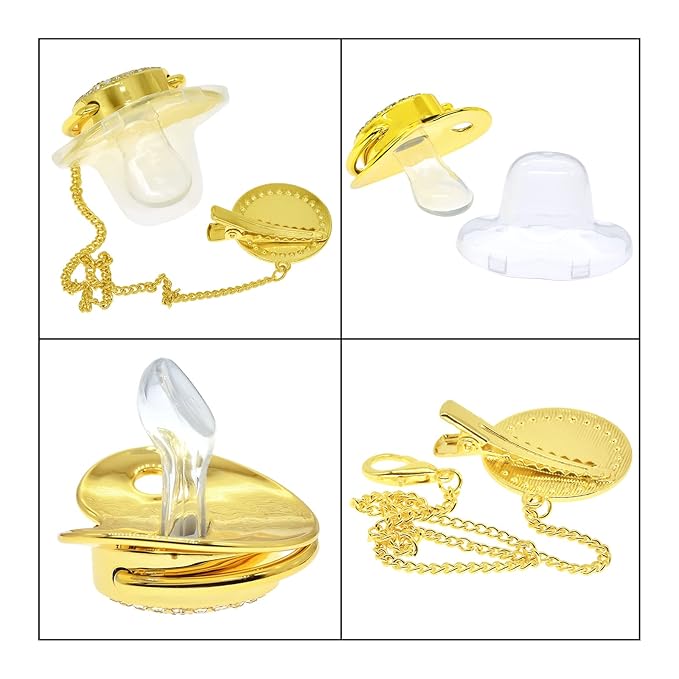 Bling Personalized Golden Baby Pacifier with Pacifier Clips and Anti-dust Cover A-Z 26 Letters(Gold,V)