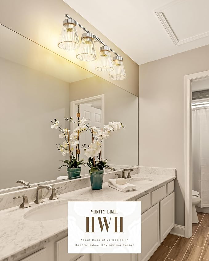 4-Light Bathroom Vanity Light Fixtures, HWH Brushed Nickel Bathroom Vanity Lighting Modern Vanity Light Over Mirror with Clear Striped Glass Shade, 5HZG97B-4W BN
