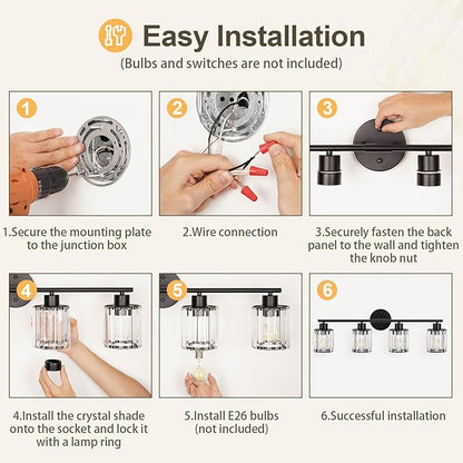 Crystal Bathroom Light Fixtures, Bathroom Lighting Fixtures Over Mirror, Modern Black 4-Light Vanity Lights for Mirror, Restroom, Bedroom (Ceramic E26 Socket,Bulbs Not Include)