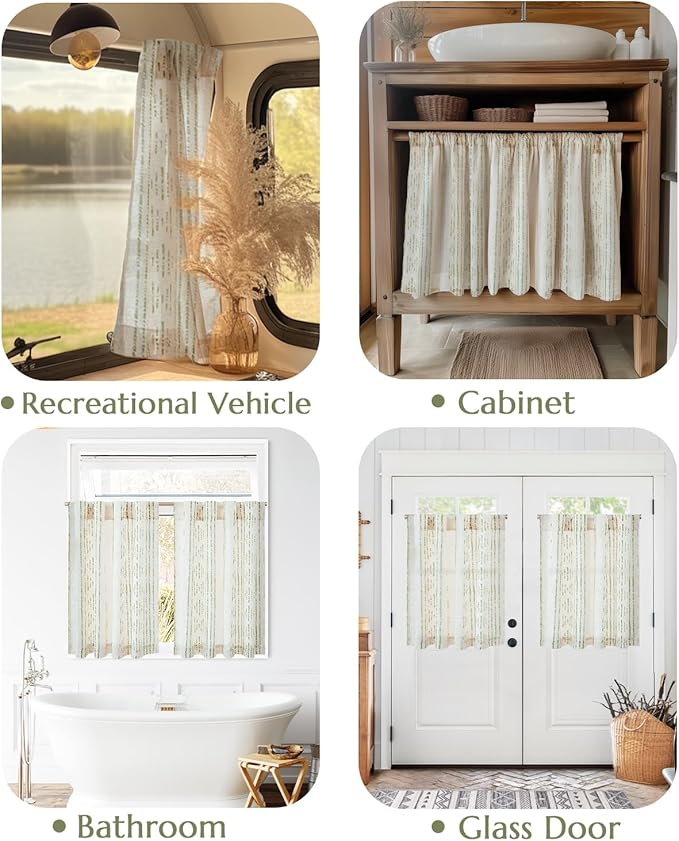 jinchan Boho Kitchen Curtains Linen Cafe Tier Curtains 24 Inch Bohemian Geometric Striped Mudcloth Small Window Drapes for Living Room Bathroom Light Filtering Back Tab 2 Panels Sage Green on Flax