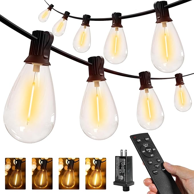 Ollny S11 100FT Outdoor String Lights with Remote, Plug in Waterproof Connectable 3 Modes Dimmable Timers Patio Lights with 48+2 LED Spare Bulbs, Dusk to Dawn Outdoor Light for Outside Bistro Yard
