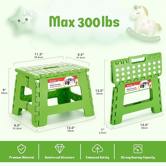 ACSTEP 9 Inch Folding Step Stool 300 LB Capacity Plastic Foldable Step Stools for Kids and Adults, Folding Stool Suitable for Kitchen, Stepping Stool with Handle Green Small Step Stool 1PC