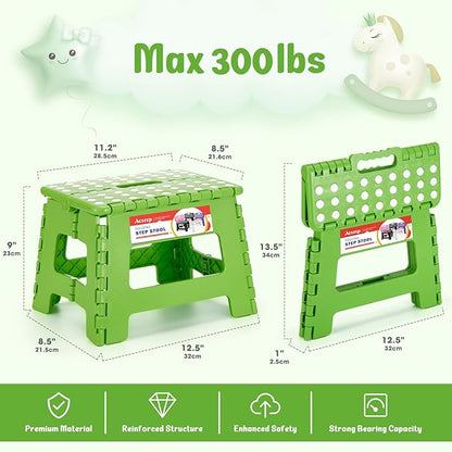 ACSTEP 9 Inch Folding Step Stool 300 LB Capacity Plastic Foldable Step Stools for Kids and Adults, Folding Stool Suitable for Kitchen, Stepping Stool with Handle Green Small Step Stool 1PC