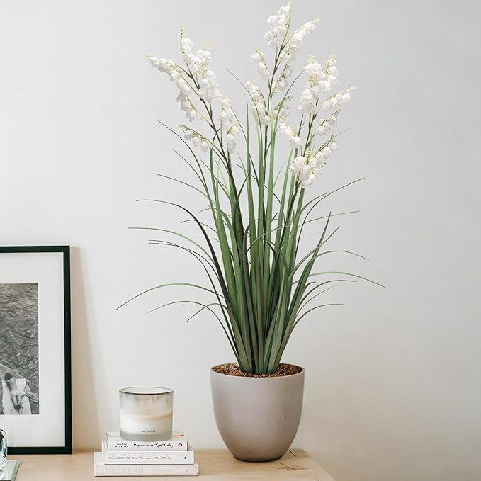 Artificial Tall Grass Plants with Pots 36" 1 Pack Lily of The Valley Artificial Grass Home Interior Decorating and Outdoor Garden Decorations(White)