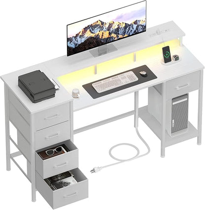 47 Inch Computer Gaming Desk with Power Outlets & LED Lights Reversible Home Office Desk with Adjustable 5 Fabric Storage Drawers for Working Writing Study, White Oak