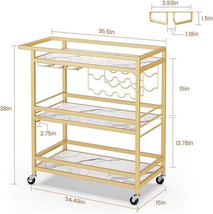 Leteuke Bar Cart for Home, 3 Tier Gold Serving Rolling Carts with Wheels, Drink Cart, Liquor Stand with Marbled Wooden Shelves, Wine Rack and Glass Holder for Kitchen, Dining Room