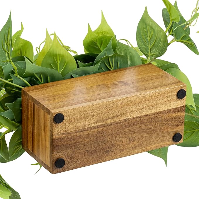 MyGift Vibrant Lifelike Artificial Plant Pothos Leafy Vine Greenery in Natural Solid Acacia Wood Rectangular Planter Box